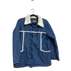 Rachel Brooke Denim Jacket Sherpa Trim Blue Chore Coat Large Vintage Aesthetic